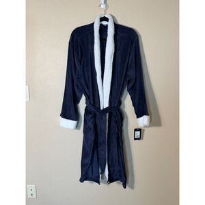 NWT Men's Dockers Sleepwear Navy Sherpa Winter Robe Medium Belted White Trim